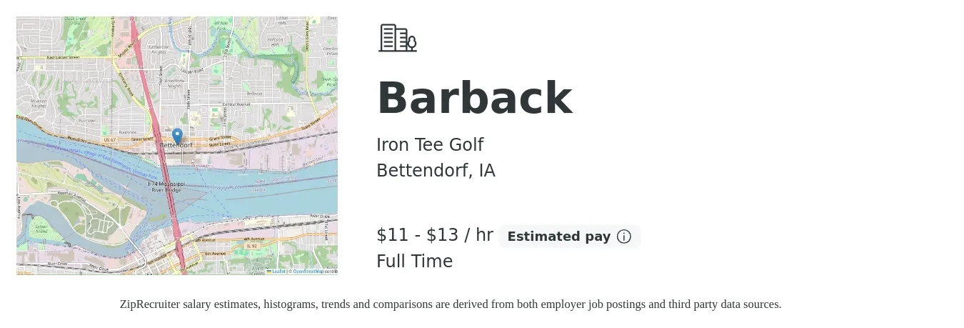 Iron Tee Golf job posting for a Barback in Bettendorf, IA with a salary of $12 to $14 Hourly with a map of Bettendorf location.