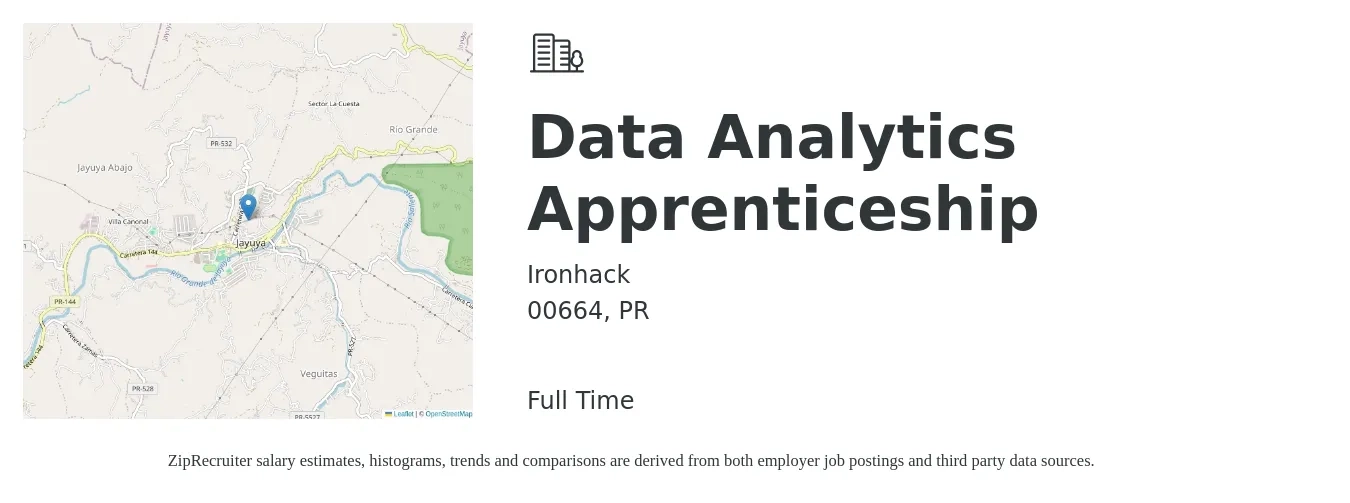Ironhack job posting for a Data Analytics Apprenticeship in 00664, PR with a salary of $58,900 to $91,400 Yearly with a map of 00664 location.