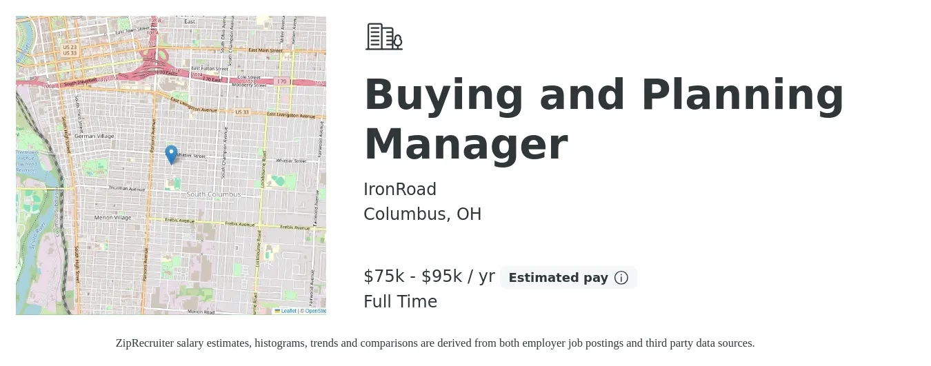 IronRoad job posting for a Buying and Planning Manager in Columbus, OH with a salary of $75,000 to $95,000 Yearly with a map of Columbus location.
