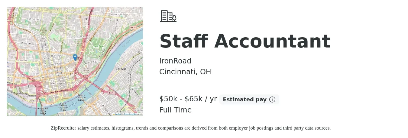 IronRoad job posting for a Staff Accountant in Cincinnati, OH with a salary of $50,000 to $65,000 Yearly with a map of Cincinnati location.
