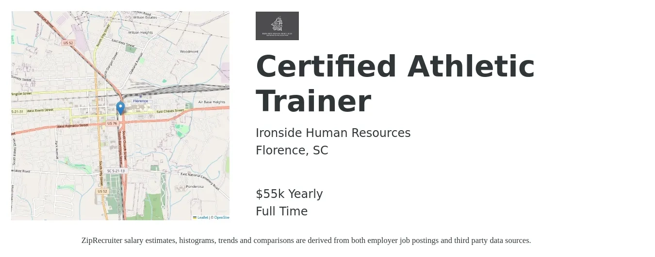 Ironside Human Resources job posting for a Certified Athletic Trainer in Florence, SC with a salary of $55,000 Yearly with a map of Florence location.