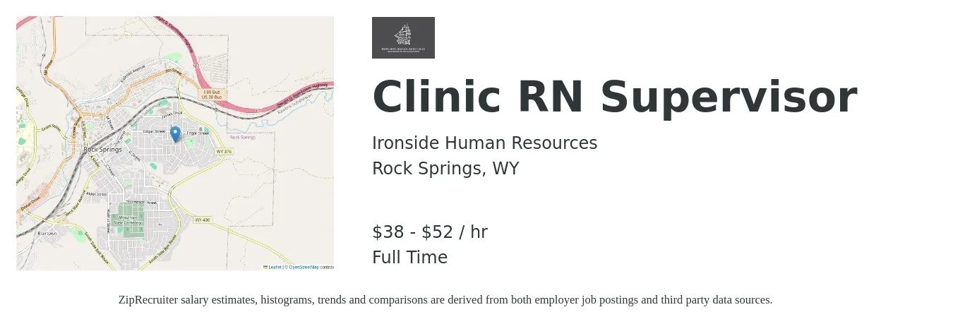 Ironside Human Resources job posting for a Clinic RN Supervisor in Rock Springs, WY with a salary of $40 to $55 Hourly with a map of Rock Springs location.