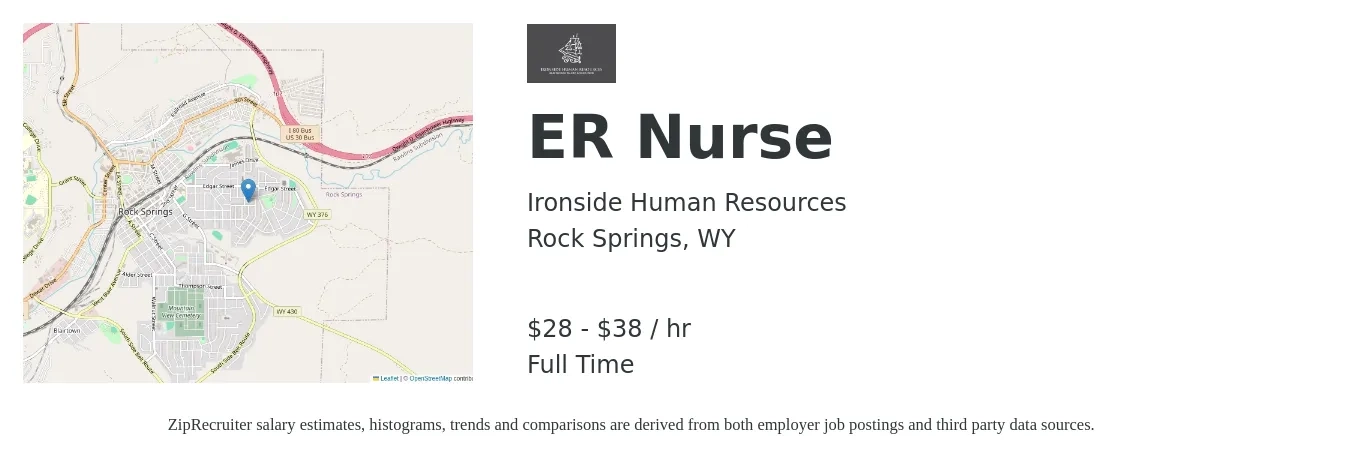 Ironside Human Resources job posting for a ER Nurse in Rock Springs, WY with a salary of $30 to $40 Hourly with a map of Rock Springs location.