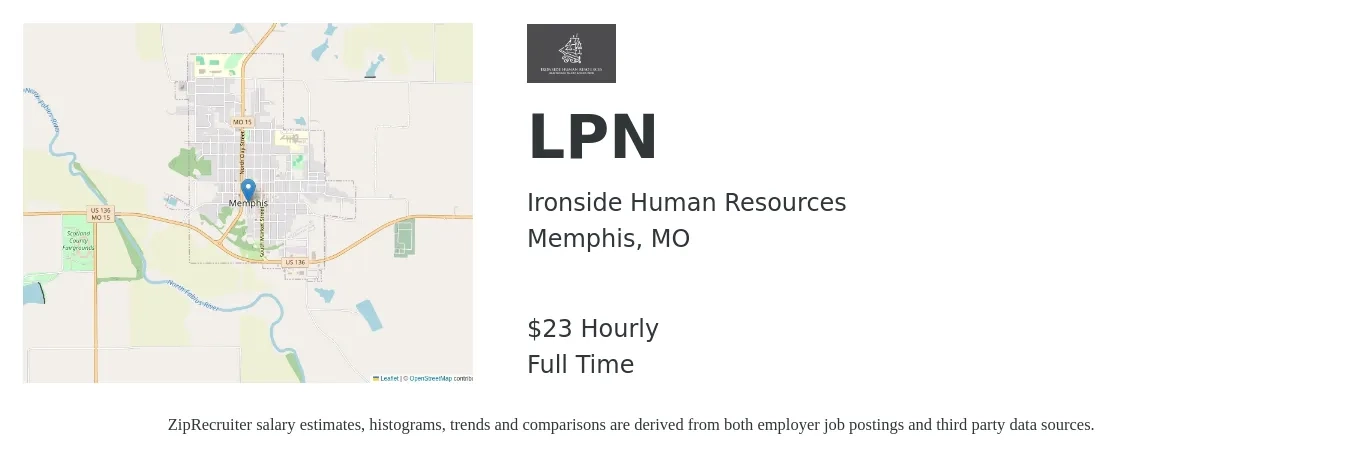 Ironside Human Resources job posting for a LPN in Memphis, MO with a salary of $24 Hourly with a map of Memphis location.