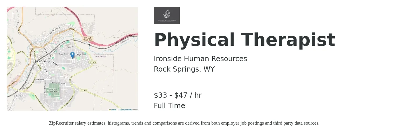 Ironside Human Resources job posting for a Physical Therapist in Rock Springs, WY with a salary of $35 to $50 Hourly with a map of Rock Springs location.
