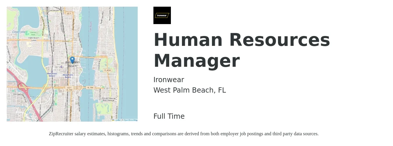 Ironwear job posting for a Human Resources Manager in West Palm Beach, FL with a salary of $66,700 to $96,700 Yearly with a map of West Palm Beach location.