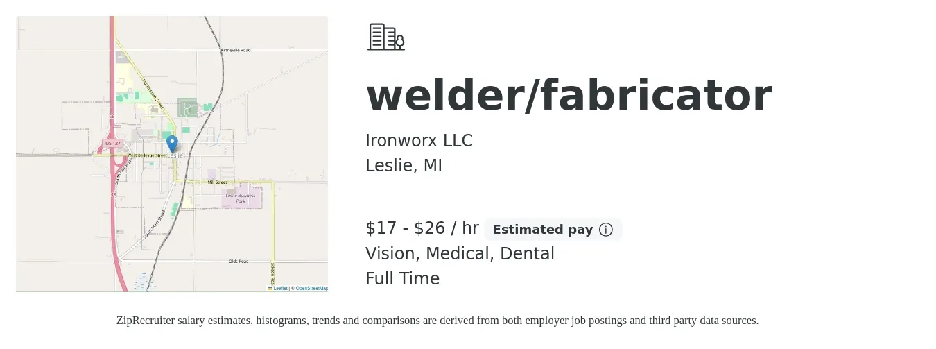 Ironworx LLC job posting for a welder/fabricator in Leslie, MI with a salary of $18 to $28 Hourly and benefits including medical, pto, vision, and dental with a map of Leslie location.