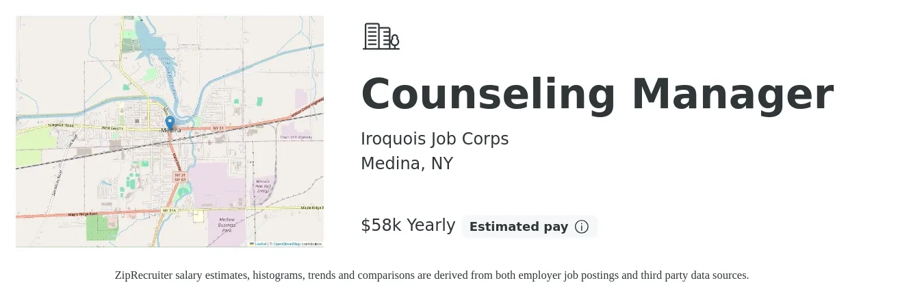 Iroquois Job Corps job posting for a Counseling Manager in Medina, NY with a salary of $58,458 Yearly with a map of Medina location.