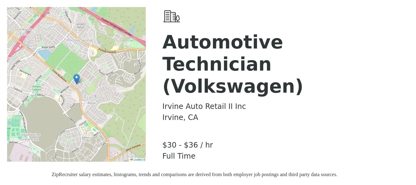Irvine Auto Retail II Inc job posting for a Automotive Technician (Volkswagen) in Irvine, CA with a salary of $32 to $38 Hourly with a map of Irvine location.