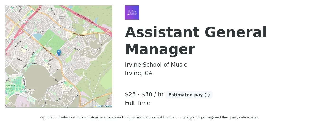 Irvine School of Music job posting for a Assistant General Manager in Irvine, CA with a salary of $28 to $32 Hourly with a map of Irvine location.