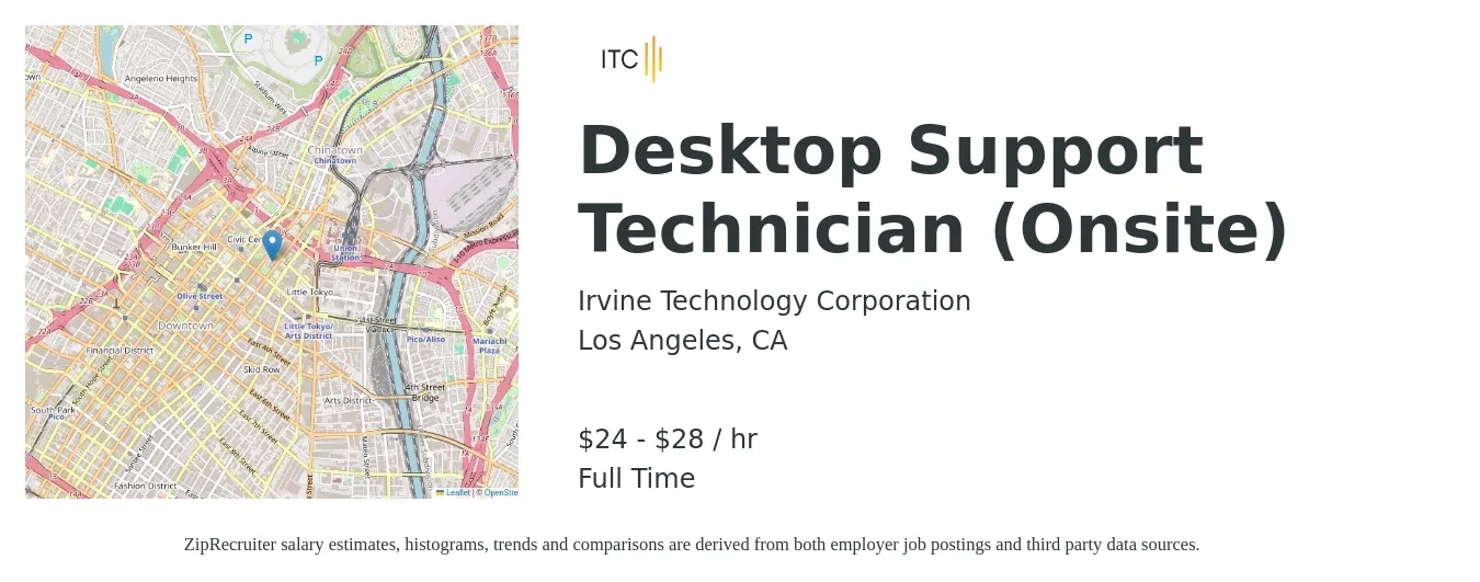 Irvine Technology Corporation job posting for a Desktop Support Technician (Onsite) in Los Angeles, CA with a salary of $25 to $30 Hourly with a map of Los Angeles location.
