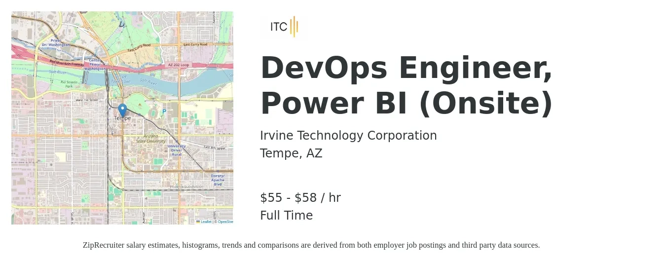Irvine Technology Corporation job posting for a DevOps Engineer, Power BI (Onsite) in Tempe, AZ with a salary of $58 to $61 Hourly with a map of Tempe location.