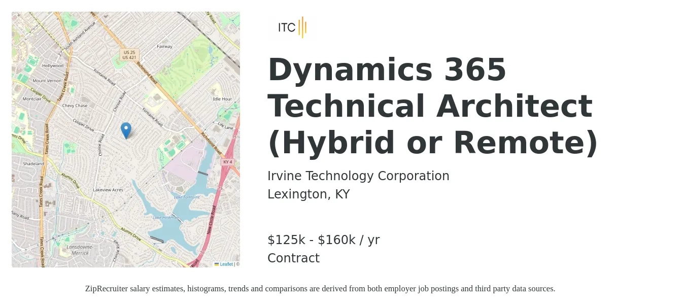 Irvine Technology Corporation job posting for a Dynamics 365 Technical Architect (Hybrid or Remote) in Lexington, KY with a salary of $125,000 to $160,000 Yearly with a map of Lexington location.