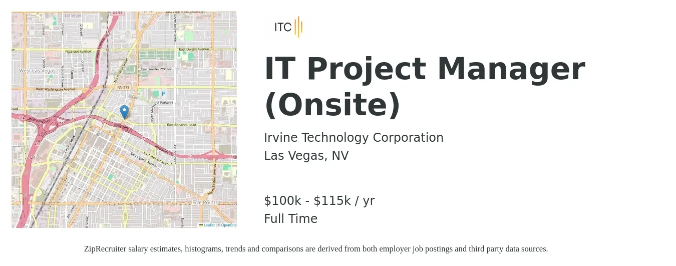 Irvine Technology Corporation job posting for a IT Project Manager (Onsite) in Las Vegas, NV with a salary of $100,000 to $115,000 Yearly with a map of Las Vegas location.