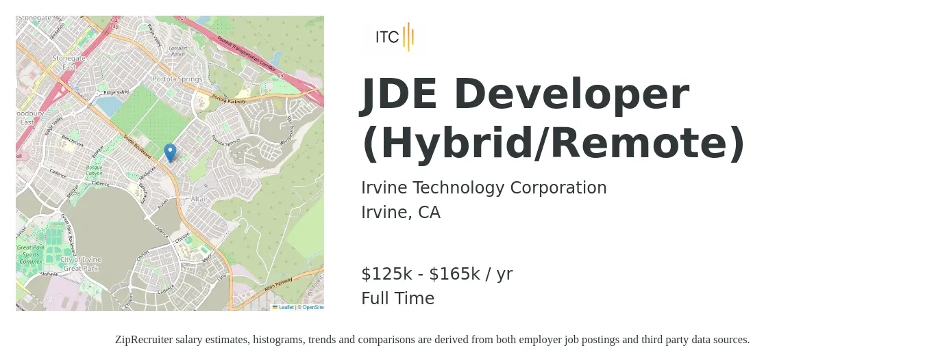 Irvine Technology Corporation job posting for a JDE Developer (Hybrid/Remote) in Irvine, CA with a salary of $125,000 to $165,000 Yearly with a map of Irvine location.