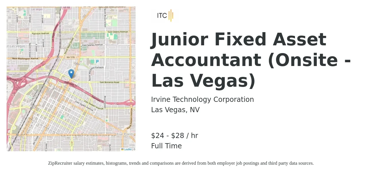 Irvine Technology Corporation job posting for a Junior Fixed Asset Accountant (Onsite - Las Vegas) in Las Vegas, NV with a salary of $25 to $30 Hourly with a map of Las Vegas location.