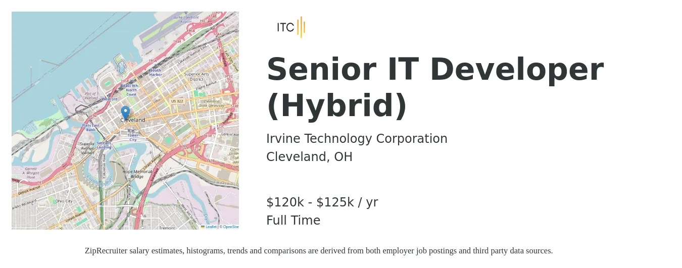 Irvine Technology Corporation job posting for a Senior IT Developer (Hybrid) in Cleveland, OH with a salary of $120,000 to $125,000 Yearly with a map of Cleveland location.
