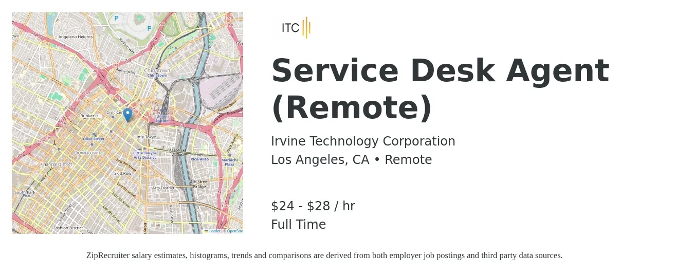 Irvine Technology Corporation job posting for a Service Desk Agent (Remote) in Los Angeles, CA with a salary of $25 to $30 Hourly with a map of Los Angeles location.