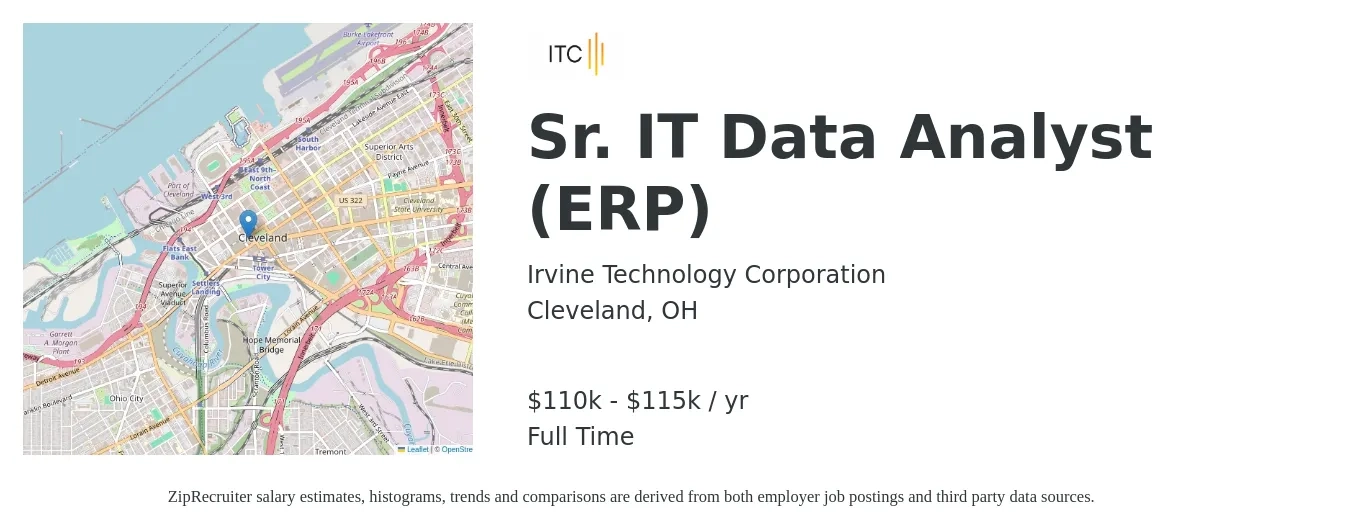 Irvine Technology Corporation job posting for a Sr. IT Data Analyst (ERP) in Cleveland, OH with a salary of $110,000 to $115,000 Yearly with a map of Cleveland location.