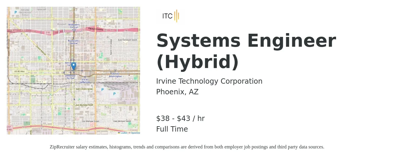 Irvine Technology Corporation job posting for a Systems Engineer (Hybrid) in Phoenix, AZ with a salary of $40 to $45 Hourly with a map of Phoenix location.