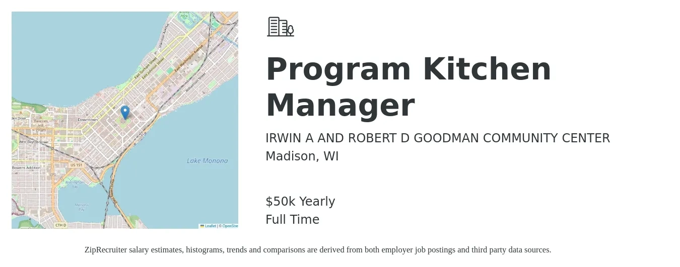 IRWIN A AND ROBERT D GOODMAN COMMUNITY CENTER job posting for a Program Kitchen Manager in Madison, WI with a salary of $50,960 Yearly with a map of Madison location.