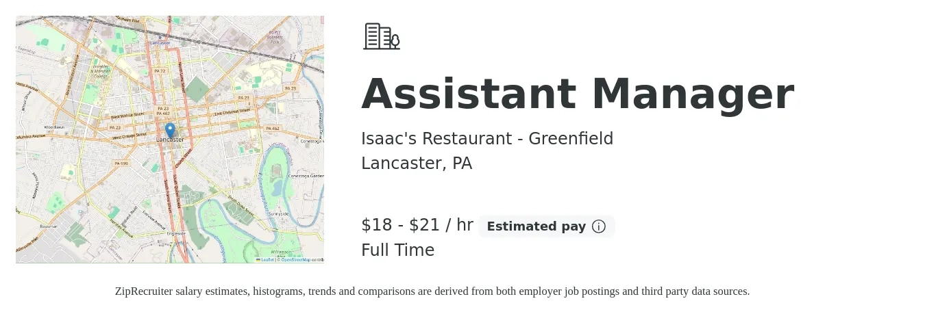 Isaac's Restaurant - Greenfield job posting for a Assistant Manager in Lancaster, PA with a salary of $19 to $22 Hourly with a map of Lancaster location.