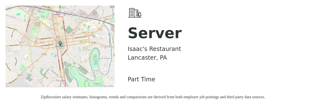 Isaac's Restaurant job posting for a Server in Lancaster, PA with a salary of $10 to $18 Hourly with a map of Lancaster location.