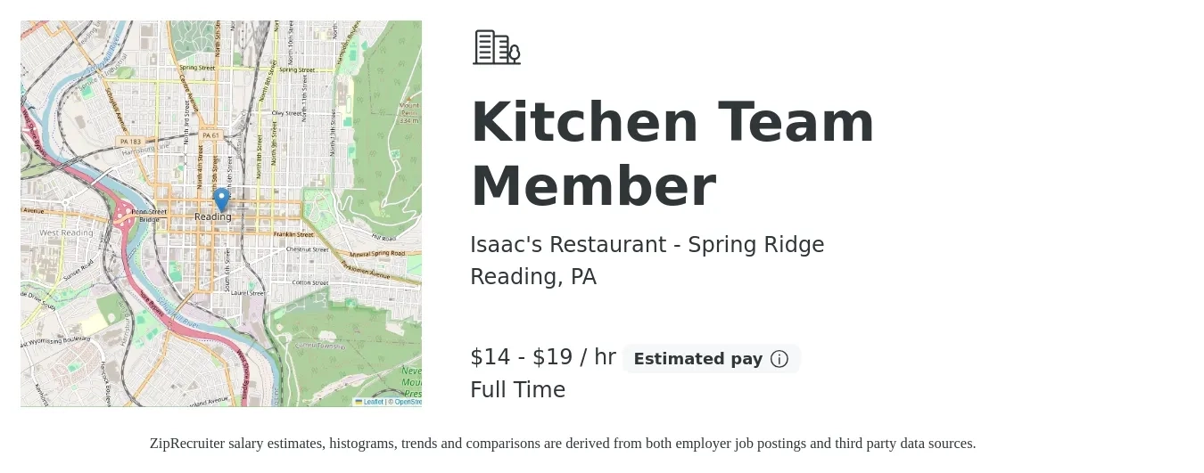 Isaac's Restaurant - Spring Ridge job posting for a Kitchen Team Member in Reading, PA with a salary of $15 to $20 Hourly with a map of Reading location.