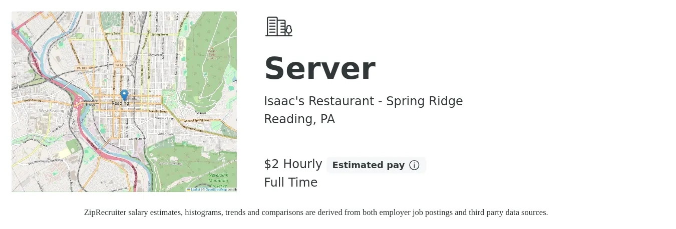 Isaac's Restaurant - Spring Ridge job posting for a Server in Reading, PA with a salary of $3 Hourly with a map of Reading location.