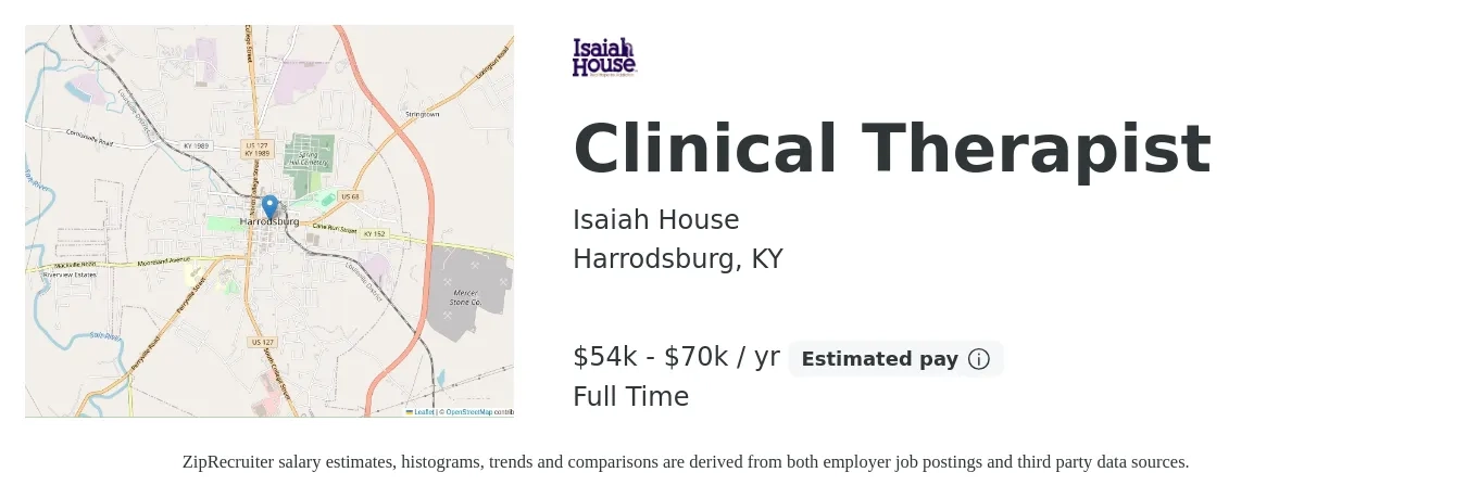 Isaiah House job posting for a Clinical Therapist in Harrodsburg, KY with a salary of $54,080 to $70,470 Yearly with a map of Harrodsburg location.
