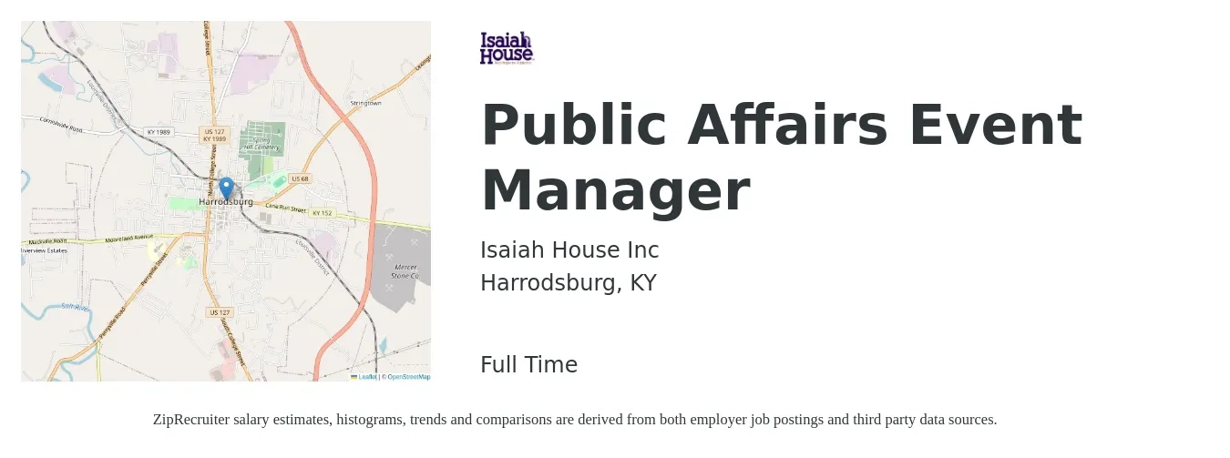 Isaiah House job posting for a Public Affairs Event Manager in Harrodsburg, KY with a salary of $35,700 to $59,400 Yearly with a map of Harrodsburg location.