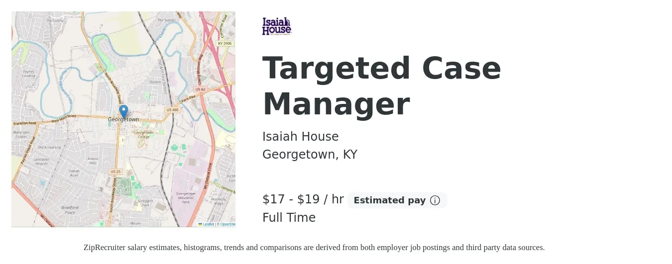 Isaiah House job posting for a Targeted Case Manager in Georgetown, KY with a salary of $18 to $20 Hourly with a map of Georgetown location.