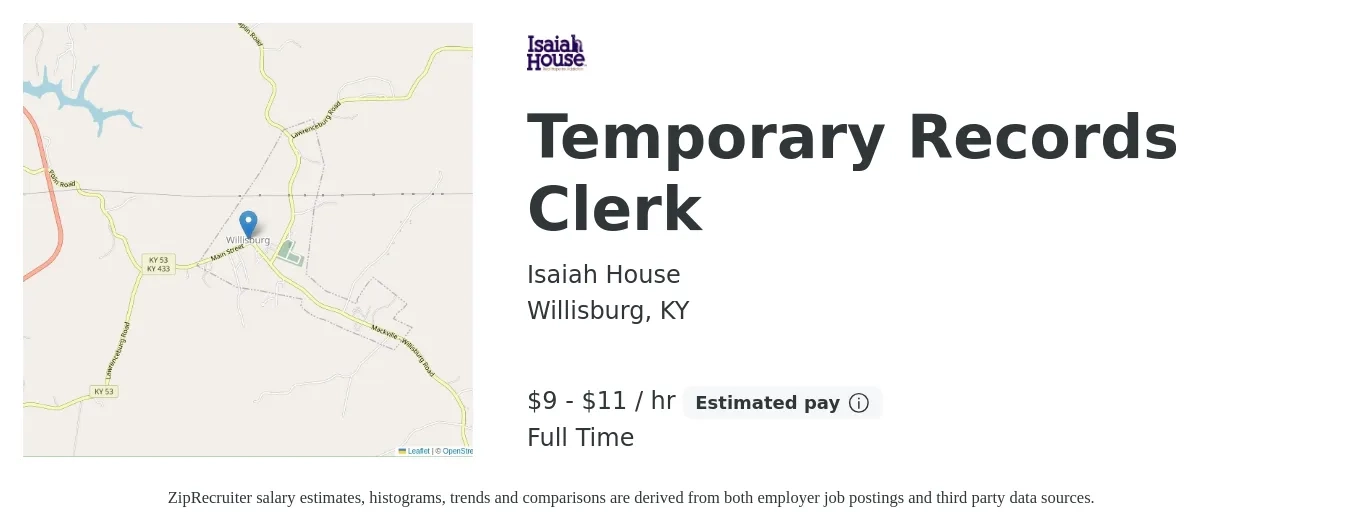 Isaiah House job posting for a Temporary Records Clerk in Willisburg, KY with a salary of $10 to $12 Hourly with a map of Willisburg location.
