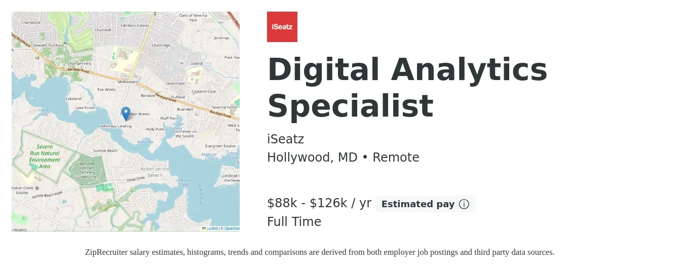 iSeatz job posting for a Digital Analytics Specialist in Hollywood, MD with a salary of $52,000 to $104,000 Yearly with a map of Hollywood location.