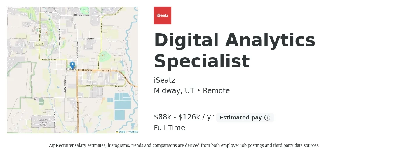 iSeatz job posting for a Digital Analytics Specialist in Midway, UT with a salary of $52,000 to $104,000 Yearly with a map of Midway location.