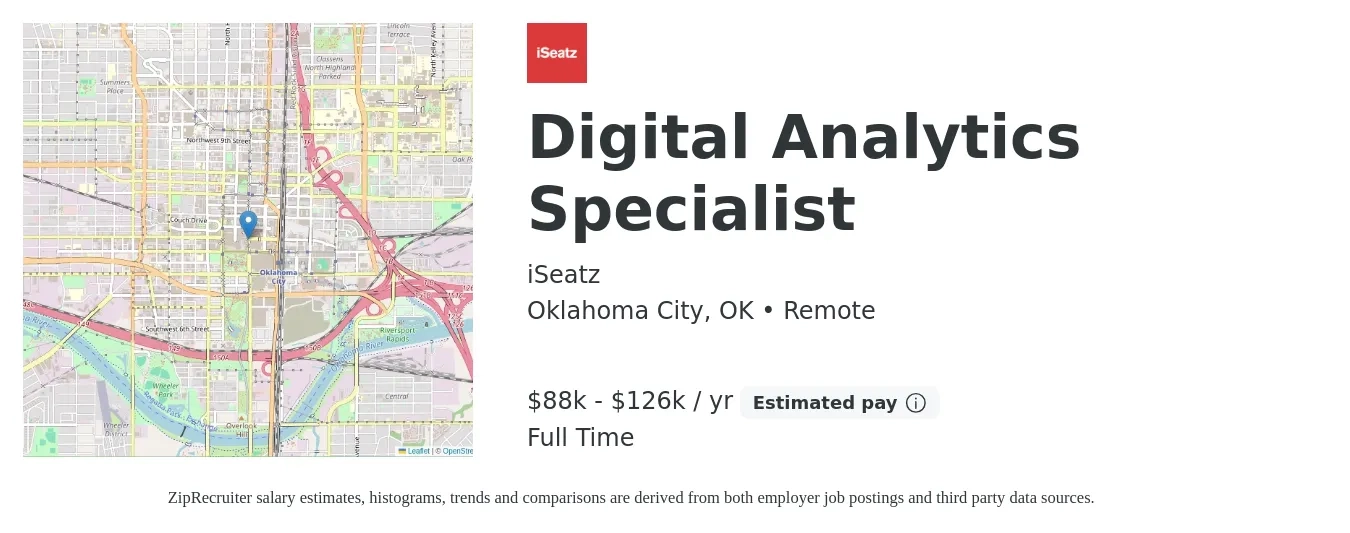 iSeatz job posting for a Digital Analytics Specialist in Oklahoma City, OK with a salary of $52,000 to $104,000 Yearly with a map of Oklahoma City location.