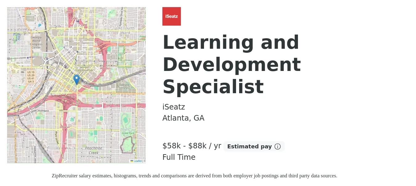 iSeatz job posting for a Learning and Development Specialist in Atlanta, GA with a salary of $58,000 to $88,000 Yearly with a map of Atlanta location.