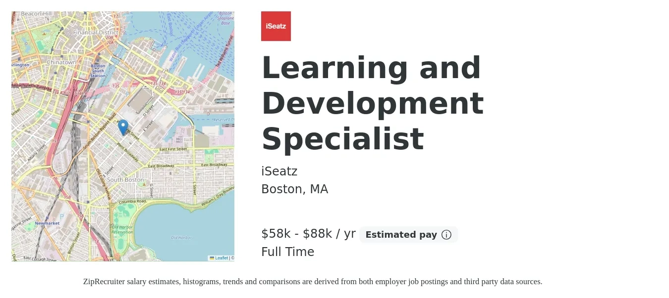 iSeatz job posting for a Learning and Development Specialist in Boston, MA with a salary of $58,000 to $88,000 Yearly with a map of Boston location.