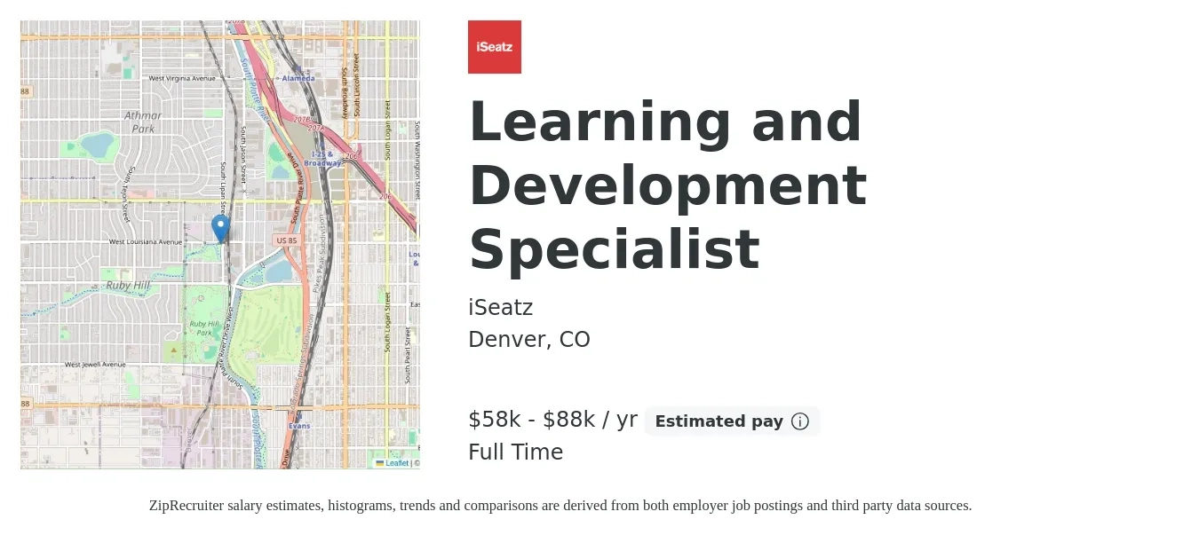 iSeatz job posting for a Learning and Development Specialist in Denver, CO with a salary of $58,000 to $88,000 Yearly with a map of Denver location.