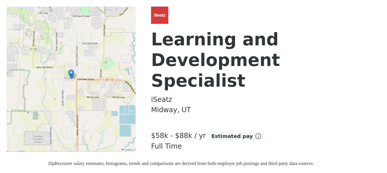 iSeatz job posting for a Learning and Development Specialist in Midway, UT with a salary of $58,000 to $88,000 Yearly with a map of Midway location.
