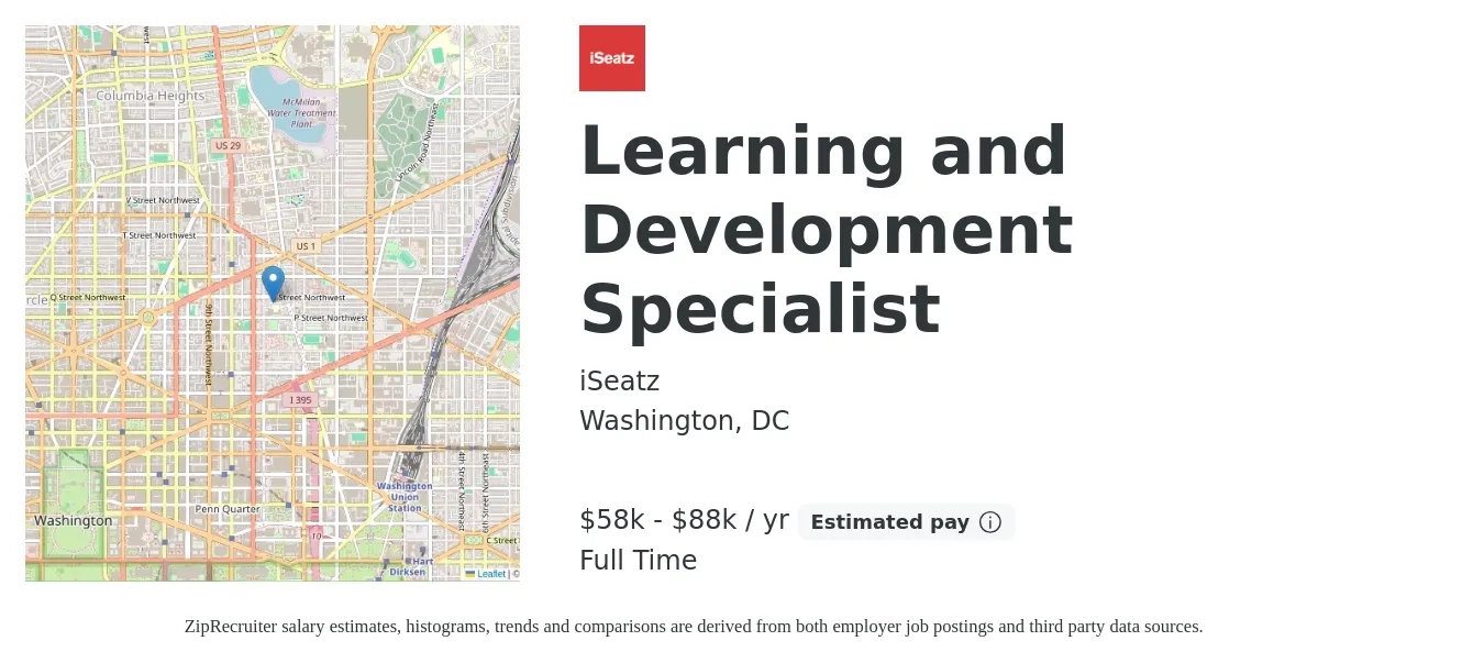 iSeatz job posting for a Learning and Development Specialist in Washington, DC with a salary of $58,000 to $88,000 Yearly with a map of Washington location.