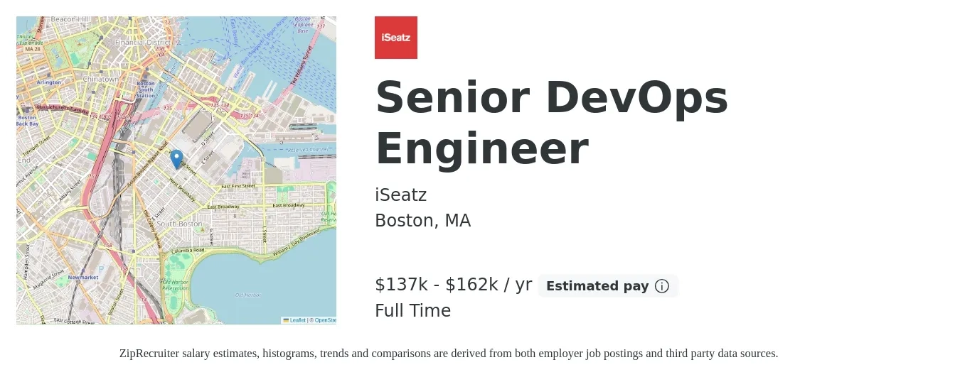 iSeatz job posting for a Senior DevOps Engineer in Boston, MA with a salary of $137,000 to $162,000 Yearly with a map of Boston location.