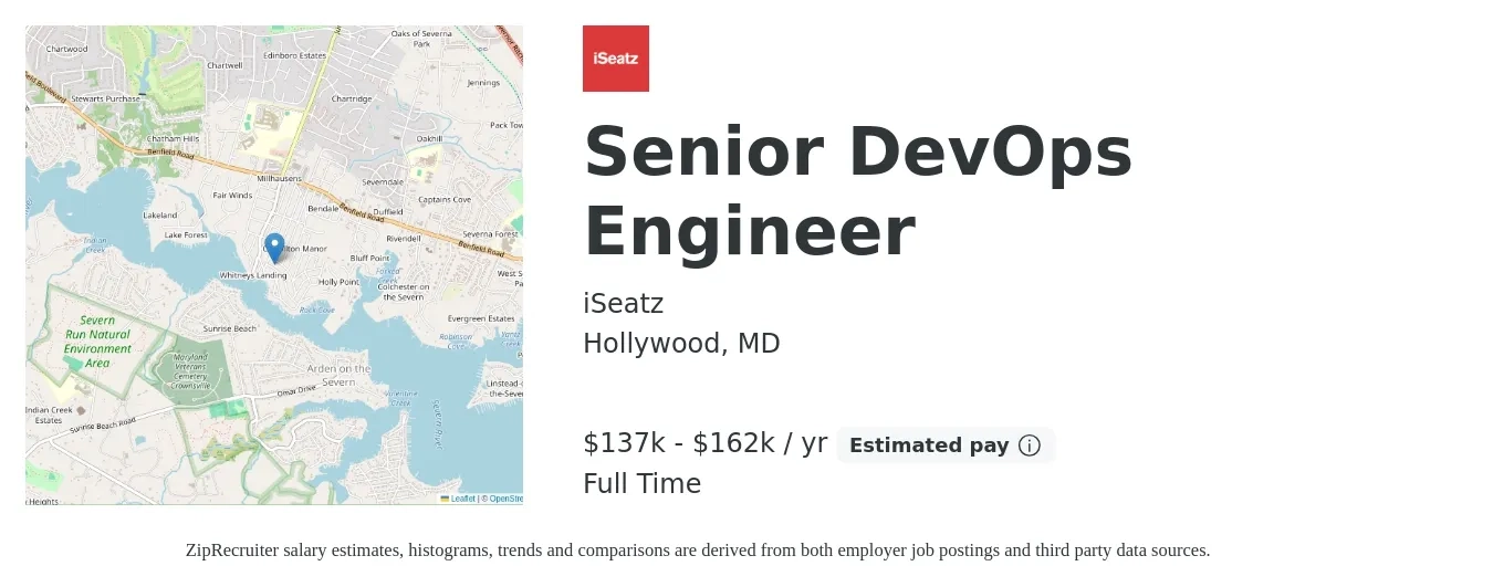 iSeatz job posting for a Senior DevOps Engineer in Hollywood, MD with a salary of $137,000 to $162,000 Yearly with a map of Hollywood location.
