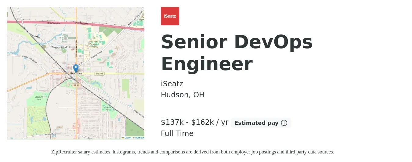 iSeatz job posting for a Senior DevOps Engineer in Hudson, OH with a salary of $137,000 to $162,000 Yearly with a map of Hudson location.