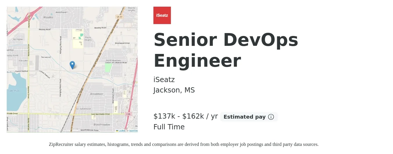 iSeatz job posting for a Senior DevOps Engineer in Jackson, MS with a salary of $137,000 to $162,000 Yearly with a map of Jackson location.