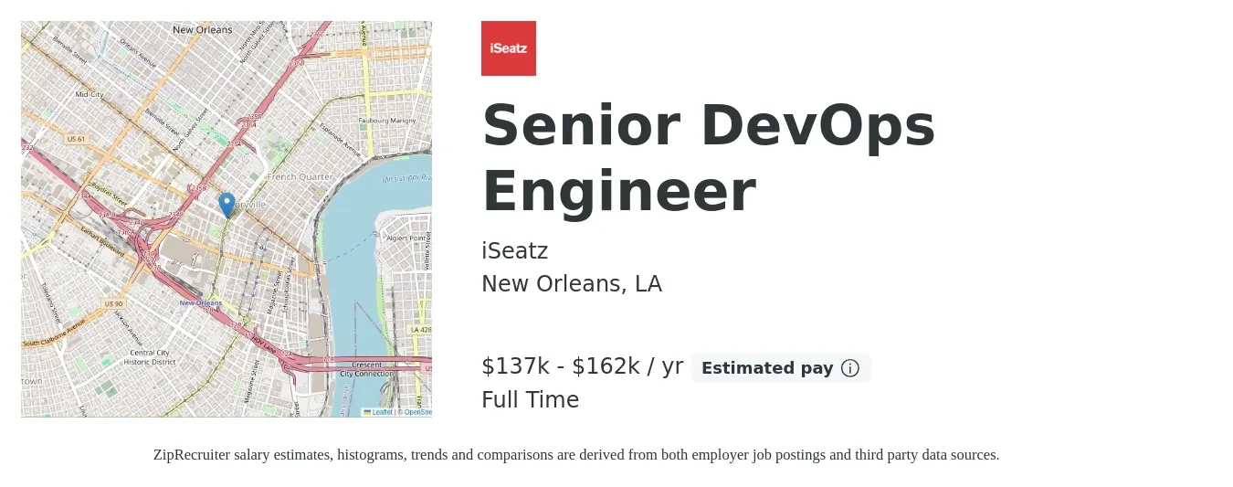 iSeatz job posting for a Senior DevOps Engineer in New Orleans, LA with a salary of $137,000 to $162,000 Yearly with a map of New Orleans location.