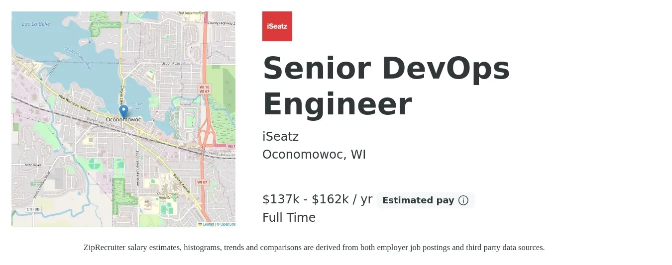 iSeatz job posting for a Senior DevOps Engineer in Oconomowoc, WI with a salary of $137,000 to $162,000 Yearly with a map of Oconomowoc location.