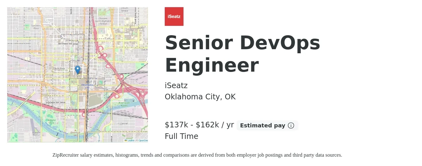 iSeatz job posting for a Senior DevOps Engineer in Oklahoma City, OK with a salary of $137,000 to $162,000 Yearly with a map of Oklahoma City location.