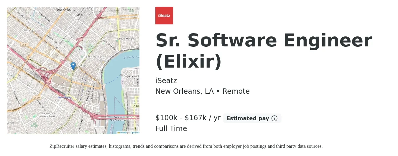 iSeatz job posting for a Sr. Software Engineer (Elixir) in New Orleans, LA with a salary of $100,000 to $167,000 Yearly with a map of New Orleans location.