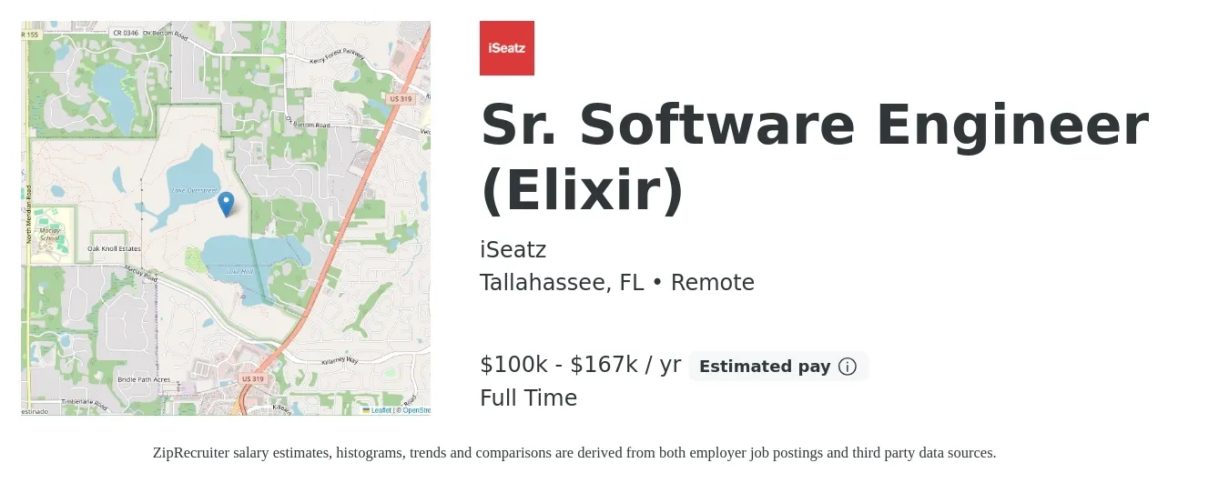 iSeatz job posting for a Sr. Software Engineer (Elixir) in Tallahassee, FL with a salary of $100,000 to $167,000 Yearly with a map of Tallahassee location.
